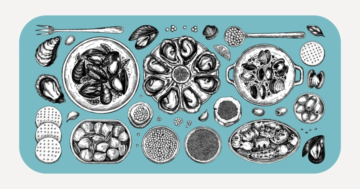 Seafood buffet illustrations collection in collage style. Hand drawn shellfish - mussels, oyster, shrimps, caviar, canned fish canape sketches. Mediterranean cuisine, restaurant menu, finger food part